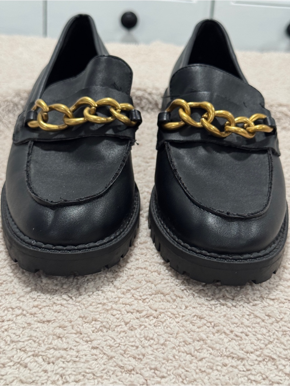 London Rebel Women’s Black Loafers Size 37 Gold Chain Slip‑On Flats US Size 6.5